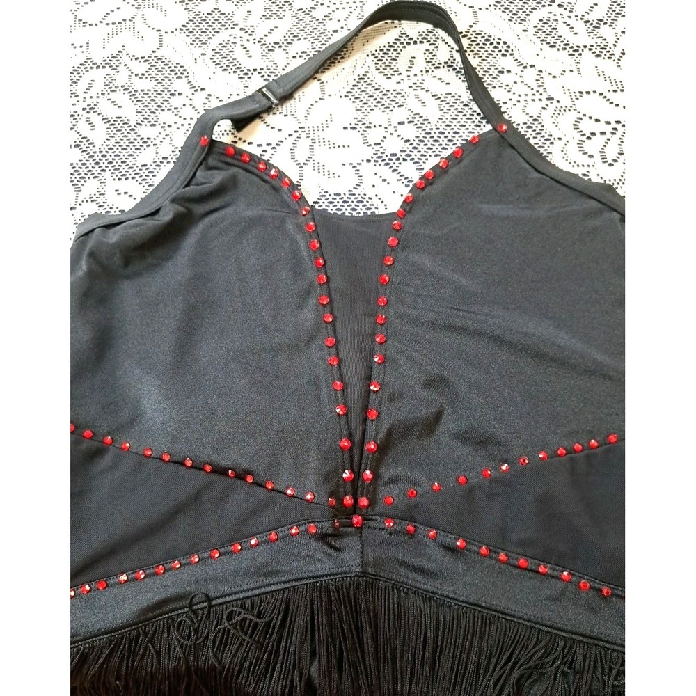 Balera Dance Costume XL Black Red Rhinestone Fringe Halter Bodysuit Strappy Back - Picture 10 of 12